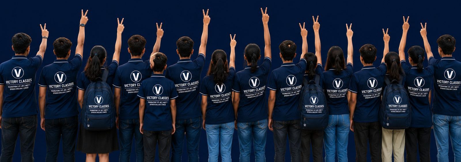 Victory Classes students in uniform raising victory signs